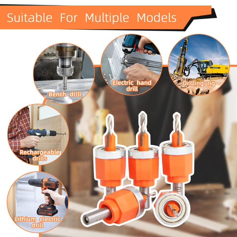 Dope Five Piece Adjustable Depth Countersink Drill Bit Set for wood and PVC, shown with various drill types for versatility