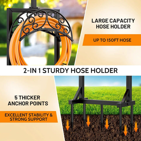 Outdoor Garden Hose Holder Stand With 5 Spikes And 2 Shepherd Hooks shown holding orange hose with decorative top.