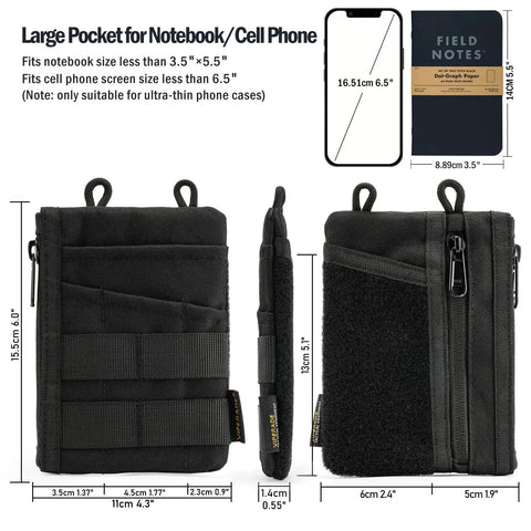 EDC Pouch Organizer For Men With 3 Slots, 2 Zipper Pockets, 1 Phone Pocket, And 1 Multi Tool Slot in black 500D material