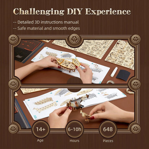 Hands assembling LED 3D Wood Puzzle Airship Model For Teens And Adults Steampunk DIY Craft Kit With LED Lights Totally Epic Intricate Wooden Airship Build Fantasy Sky Craft Gray Edition.