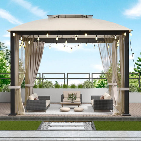 Built Tough 10x10 Patio Gazebo With Heavy Duty Steel Frame Soft Top Roof Double Roof Venting Anti UV Shelter Privacy Curtains And Netting For Patio Deck Backyard Garden And Lawns with outdoor furniture setup beneath.