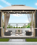 Double Layer Soft Top Gazebo Canopy 10x10 Ft With Mosquito Netting And Metal Frame For Backyard And Deck Beige Easy Slide