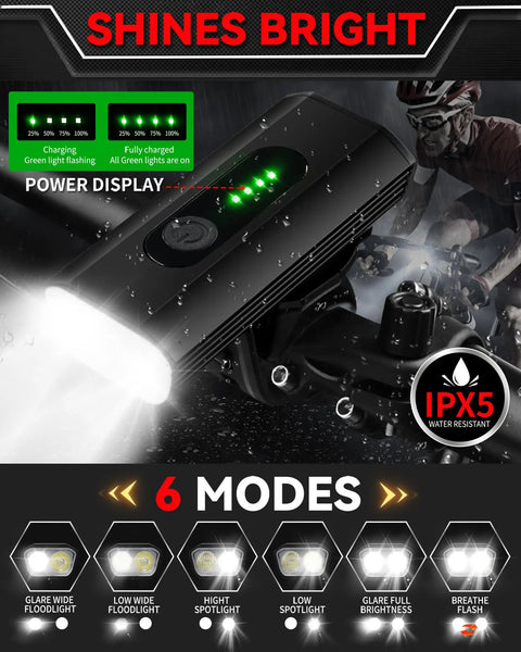 Rechargeable USB-C Bike Headlight With 4000LM Ultra Bright Front Light and Taillight Waterproof Set showing power display and modes
