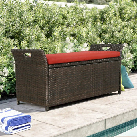 Outdoor Deck Storage Box And Wicker Storage Bench In Red Rattan Storage Chest With Cushion For Patio Garden Weather Resistant Cushioned Seat And Hidden Storage Easy Access All In One Outdoor Organization For Patio next to pool