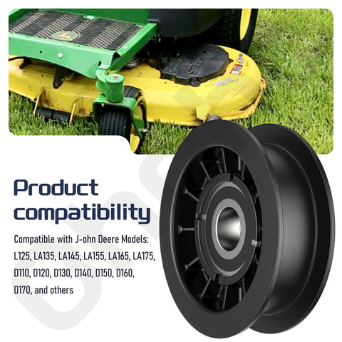 Beefed Up V Idler And Flat Pulley Drive Belt Kit For John Deere Lawn Tractors showing pulley and mower, compatibility list