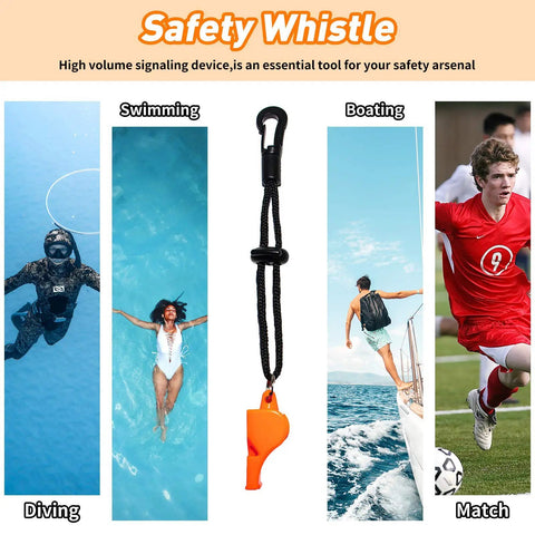 Diving, swimming, and boating scenes with safety whistle highlighted; Five-Foot Scuba Surface Marker Buoy With Safety Sausage, 98-Foot Finger Spool Reel, Double Ended Hook Clip And Emergency Whistle, High Visibility Yellow Dive Marker For Underwater Safety.