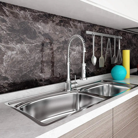 Black Brown Marble Peel And Stick Contact Paper on kitchen backsplash with stainless steel sink 24x200 Inch Roll