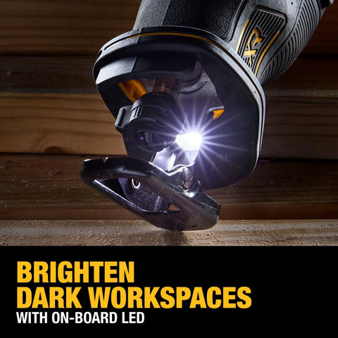 Heavy Duty Cordless Reciprocating Saw Powered By A Beefy Brushless Motor And Snappy Variable Trigger, Keyless Blade Clamp, Compact Badass Frame Designed For Lightning Fast Demolition Jobs And Serious Weekend Builds showing on-board LED lighting.