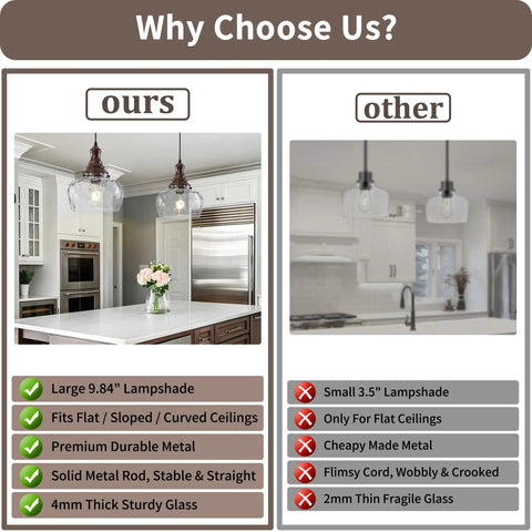 Vintage Glass Pendant Light Kitchen Island with Walnut Wood 9.8in showcasing elegant design in modern kitchen with clear glass shade.