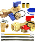 Tankless Water Heater Isolation Valve Kit Three Quarter Inch Complete Brass Female To Female Threads With Pressure Relief.