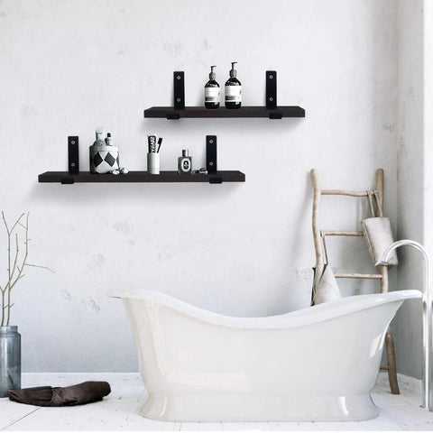 Beefy 6 Inch J Shelf Brackets Four Pack Heavy Duty Shelf Supports holding bathroom items on wall above bathtub