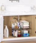 Four Pack Large Clear Stackable Storage Drawers With Smooth Pull Out Slides And Grippy Silicone Pads For Super Neat Closets That Keep Your Belongings Squared Away Daily organized under a sink with beauty products.