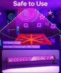 Two Pack 36W Black Light Bar Kit with plug shown illuminating a room with UV glow, highlighting neon décor and area coverage
