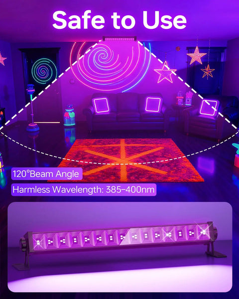Two Pack 36W Black Light Bar Kit with plug shown illuminating a room with UV glow, highlighting neon décor and area coverage