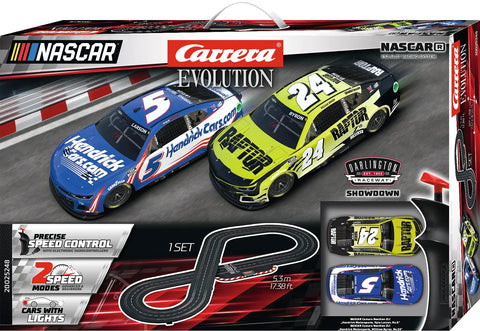 Darlington Showdown Slot Car Track Set With Two NASCAR Themed Cars And Dual Speed Controllers Analog Racing Action For Ages Eight Plus One To Thirty Two Scale Track Play For Family And Friends packaging