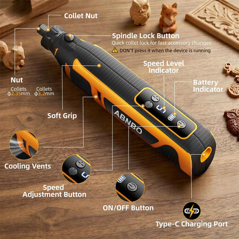 Slick Mini Cordless Rotary Tool With 5 Speed Settings Up To 30000 Rpm And Crisp Digital Display shown with features and buttons.
