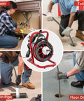 Heavy Duty Electric Drain Cleaning Machine With 75 Foot Tangle Free Steel Core Cable And 3 8 Inch Auger Shaft in use for sewer and drains.