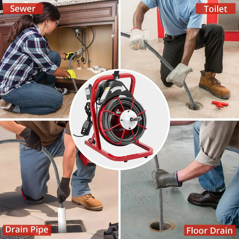 Heavy Duty Electric Drain Cleaning Machine With 75 Foot Tangle Free Steel Core Cable And 3 8 Inch Auger Shaft in use for sewer and drains.