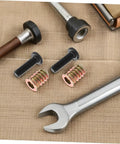 Wood Threaded Inserts And Nuts Kit With Bolts And Hex Wrenches And Drill Bit For Quick DIY Wood Assembly And Home Repair Tasks Metal Furniture Screw In Connectors Moisture Resistant Durable displayed on burlap surface