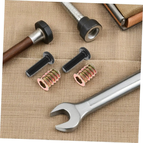 Wood Threaded Inserts And Nuts Kit With Bolts And Hex Wrenches And Drill Bit For Quick DIY Wood Assembly And Home Repair Tasks Metal Furniture Screw In Connectors Moisture Resistant Durable displayed on burlap surface