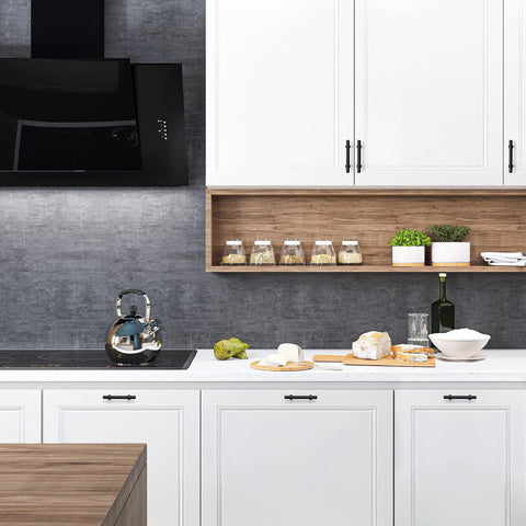 Modern kitchen with white cabinets featuring Matte Black 25 Pack Cabinet Handles 3 Inch Hole Centers 5 Inch Overall Length Square Base Drawer Pulls.