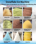 Snowflake Ice Machine with various textures like Mango Bar, Matcha Bar, and Chocolate Ice, emphasizing its use for smoothies and desserts.