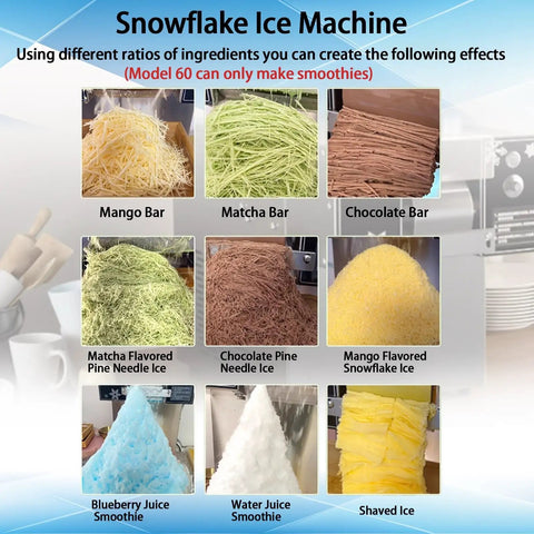 Snowflake Ice Machine with various textures like Mango Bar, Matcha Bar, and Chocolate Ice, emphasizing its use for smoothies and desserts.