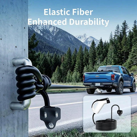 Level 1 Ev Charger For J1772 Vehicles 120V 12A Nema 5-15 Plug Portable Electric Car Charger on a wall with scenic background.