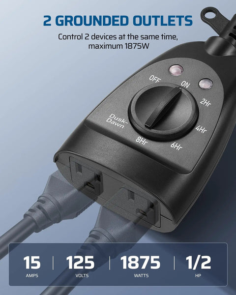 Heavy Duty Outdoor Timer Outlet Waterproof Dusk To Dawn Sensor Switch showing dual grounded plugs and control dial.