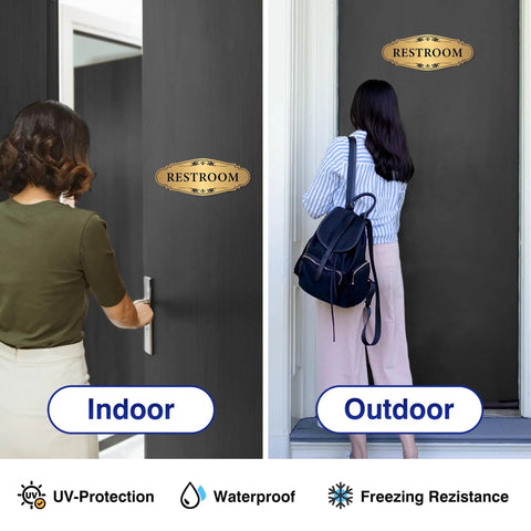 Gold Brushed Restroom Sign Sticker For Business And Home Self Adhesive Waterproof Bathroom Door Sign Unisex Toilet Sign Durable No Fuss Peel For Office Store Shop Nine Inches By Three Point One Four Inches displayed indoors and outdoors