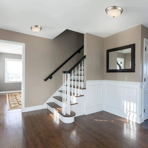 Two Pack Flush Mount Ceiling Lights Satin Nickel With Alabaster Glass in residential hallway setup