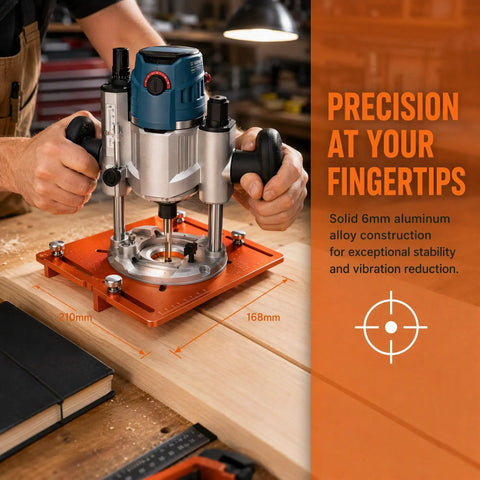 Pro Level Aluminum Router Base Plate With Dual Scale Precision Markers Durable Build Supports Trim Router Table Inserts Easy Adjust Fence Helps You Nail Grooving And Edge Trimming Projects Without Any Guesswork Today in use on wooden surface.