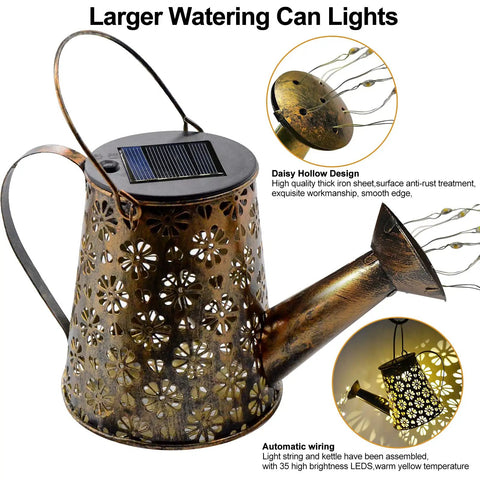 Solar Watering Can Fairy Lights Outdoor Garden Decor Waterproof Lawn Lamp With Star Shower Twinkling LED Lights. Metal with floral cutouts.