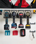 Universal Drill Holder And Power Tool Organizer Wall Mount Rack For Cordless Drills And Drivers Two Way Fixation installed view