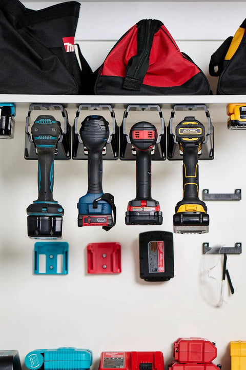 Universal Drill Holder And Power Tool Organizer Wall Mount Rack For Cordless Drills And Drivers Two Way Fixation installed view