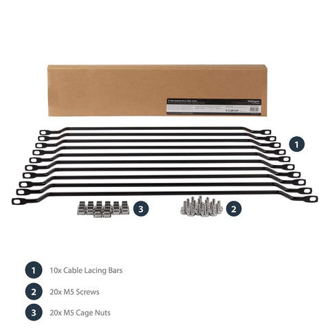 10 Pack Horizontal Lacing Bars With 2 Inch Offset At 75 Degrees For 19 Inch Server Rack Cable Management And Network Rack Mount Cord Organizer, TAA Compliant For Big IT Setups, with accessories.