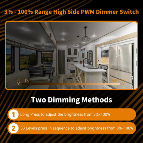Badass Black PWM Dimmer Switch For 12 Through 24V LED and Halogen Lighting showing brightness range from 3% to 100% in a modern kitchen.