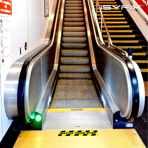 Image of Watch Your Step Floor Decals 6 Pack 20x5 Inch Self Adhesive Vinyl Laminated No Slip Anti Slip Safety Stickers on escalator step