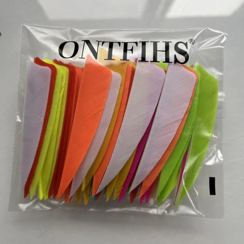 Colorful fletching feathers in plastic bag, not matching 'Archery Fletching 50 Pack Right Wing 3 Inch Natural Turkey Feathers Shield Style Lake Blue For Arrows Real Feathers Lightweight For Smooth Flight And Easy Arrow Control Boosts Spine Range Pro Style'