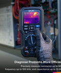 Industrial Grade Thermal Imager And Multimeter For Electrical Inspection And Diagnostics With Infrared Guided Measurement IGM Lepton Sensor And METERLiNK App held by technician in electrical room