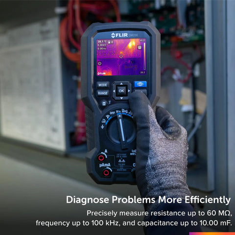 Industrial Grade Thermal Imager And Multimeter For Electrical Inspection And Diagnostics With Infrared Guided Measurement IGM Lepton Sensor And METERLiNK App held by technician in electrical room