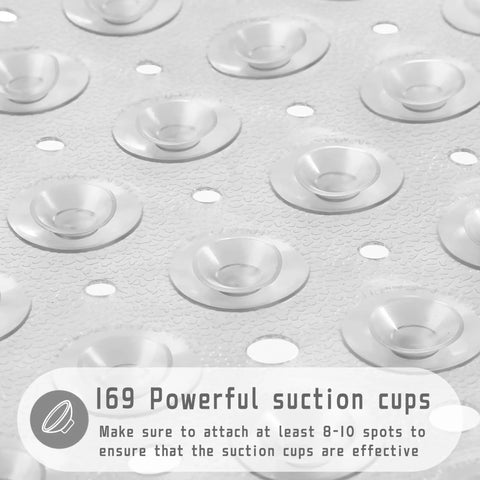 Total Bath Upgrade Slick Non Slip Shower Mat With Rock Solid Suction Cups and Quick Drain Holes For Fast Drying showing 169 suction cups for grip.