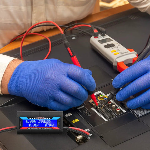 Person using Two Pack High Precision Watt Meter Power Analyzer for battery consumption monitoring, Model 9000, on device