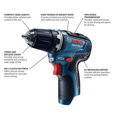12V Max EC Brushless 3/8 Inch Drill Driver Bare Tool with Pro Torque 300 In-Lbs, 1,750 RPM, compact head and ergonomic grip