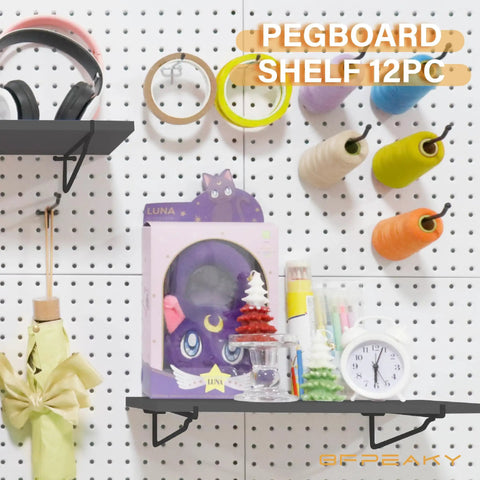 Heavy Duty Black Pegboard Shelf Holders For Thin Metal Walls Four Pack Storage Rack Eight By Sixteen Inch Display Hooks Tough As Nails Garage Organization System Is A Real Winner with assorted craft items.