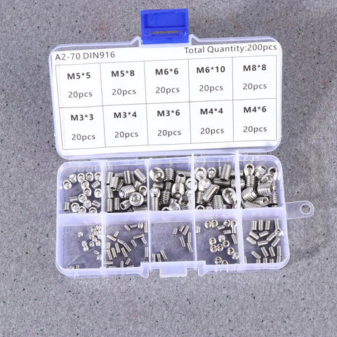 Stainless Steel Hex Socket Grub Screws Kit 200 Piece Assortment For Heavy Duty Gear Locating With Flat Point and Headless Design Pro Grade High Tensile Strength and Galling Resistance for Industrial Use Includes M5, assortment case