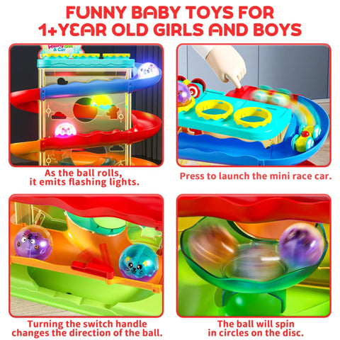 Two In One Rolling Ball And Car Ramp Race Track For Toddlers With Sensor Lights And Light Up Balls And Mini Cars shown in use.