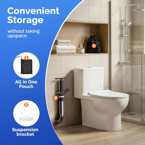 Heavy Duty High Pressure Toilet Plunger Wipes Out Bathroom Blockages Straight Up Effortlessly with suspension bracket and pouch.