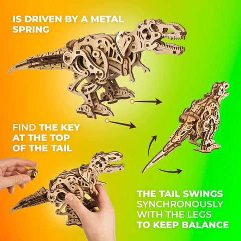 T Rex 3D Wooden Puzzle Kit for Adults With Mechanical Walking Motion DIY Dinosaur Model Automaton Kit Brain Teaser Home Decor spring-driven wooden T-Rex model with swinging tail