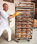 Baker wheeling bread rack on high-temp swivel caster wheels